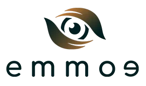 Logotipo da Emmoe: símbolo estilizado de um olho em gradiente verde-marrom e texto "emmo" em fonte arredondada