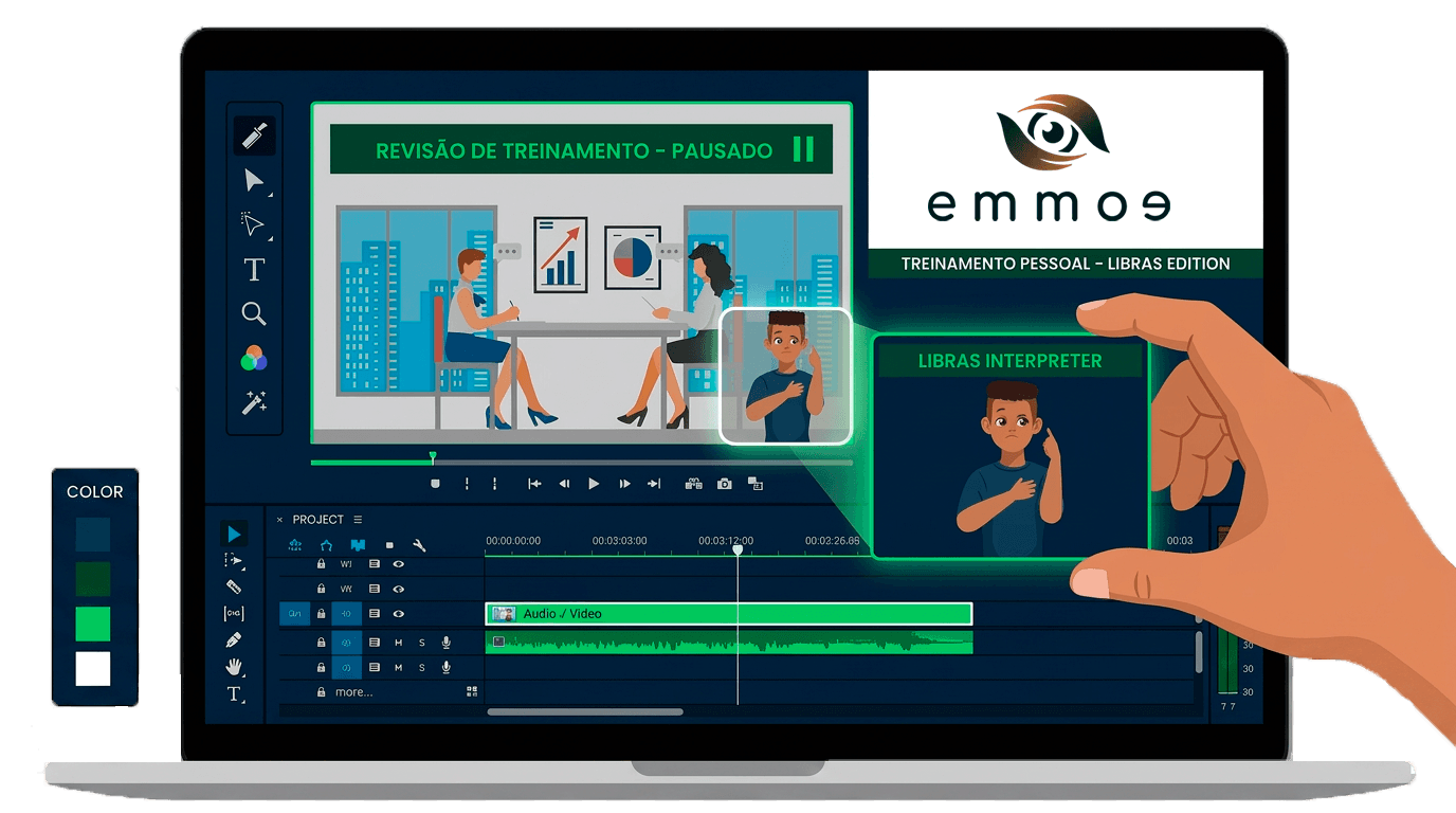 Janela de Libras para Vídeos Interface de edição de vídeo mostrando a linha do tempo com faixas de áudio e vídeo do intérprete de Libras, e uma mão arrastando a janela sobreposta