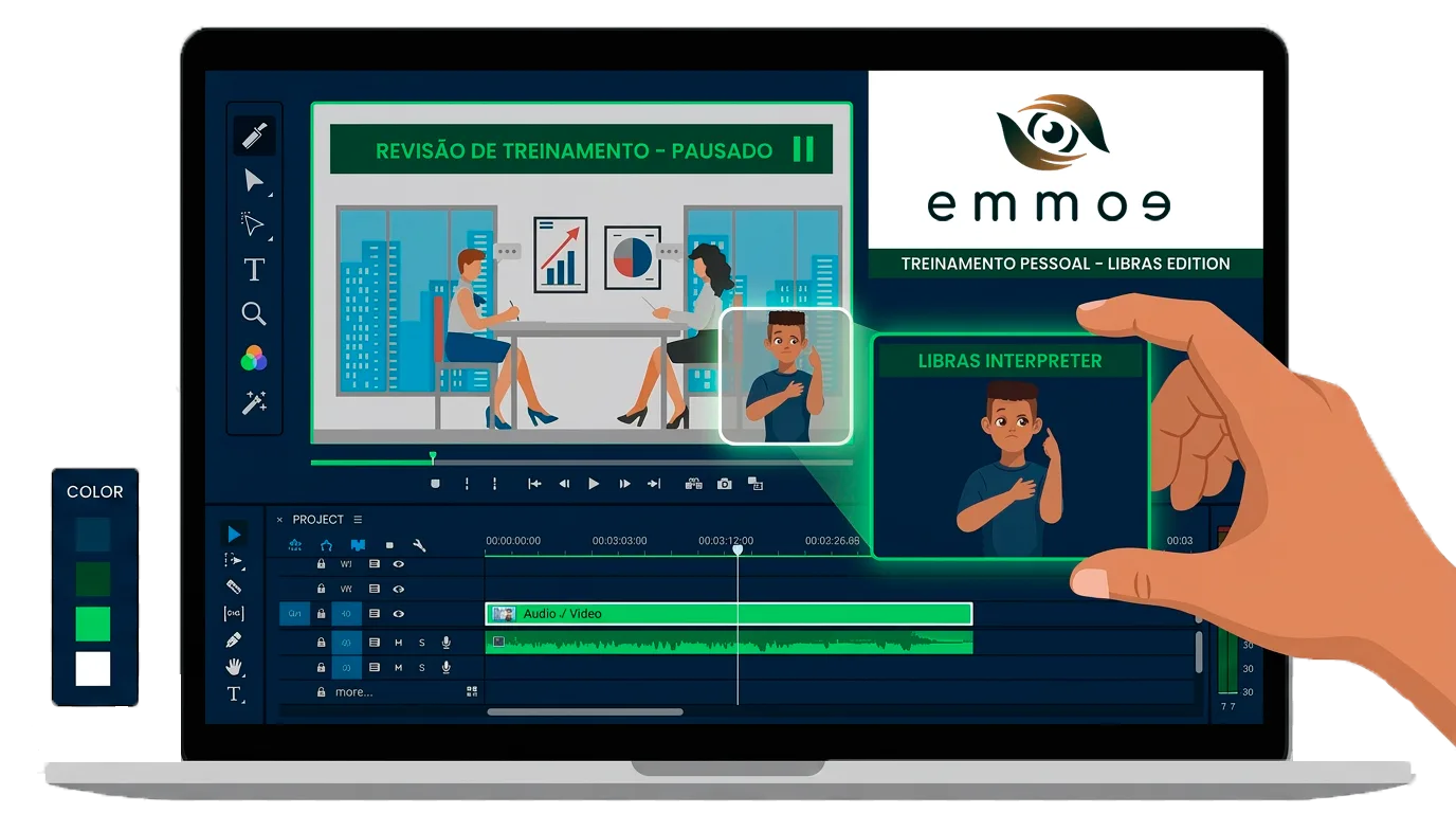Interface de edição de vídeo mostrando a linha do tempo com faixas de áudio e vídeo do intérprete de Libras, e uma mão arrastando a janela sobreposta