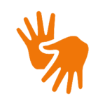 Janela de Libras para Vídeos Ícone gráfico em cor laranja sólida representando duas mãos entrelaçadas em um gesto de união ou acolhimento. A imagem está sobre um fundo transparente (padrão xadrez cinza e branco), típico de arquivos PNG para uso em design gráfico e logotipos.