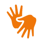Ícone gráfico em cor laranja sólida representando duas mãos entrelaçadas em um gesto de união ou acolhimento. A imagem está sobre um fundo transparente (padrão xadrez cinza e branco), típico de arquivos PNG para uso em design gráfico e logotipos.